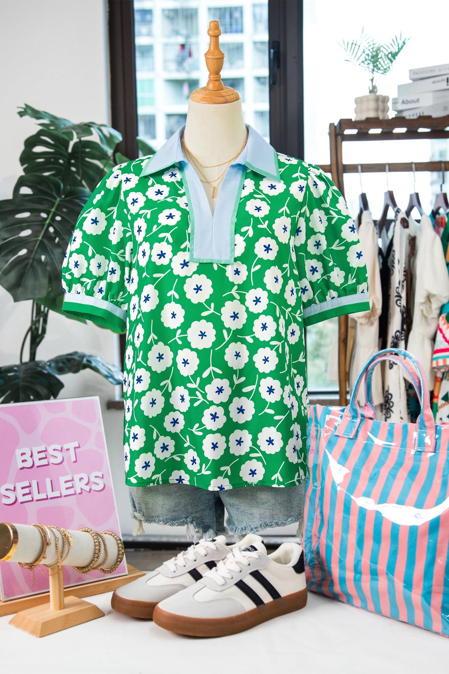 Flower Printed Contrast Patchwork Collar Short Sleeve Blouse – Green