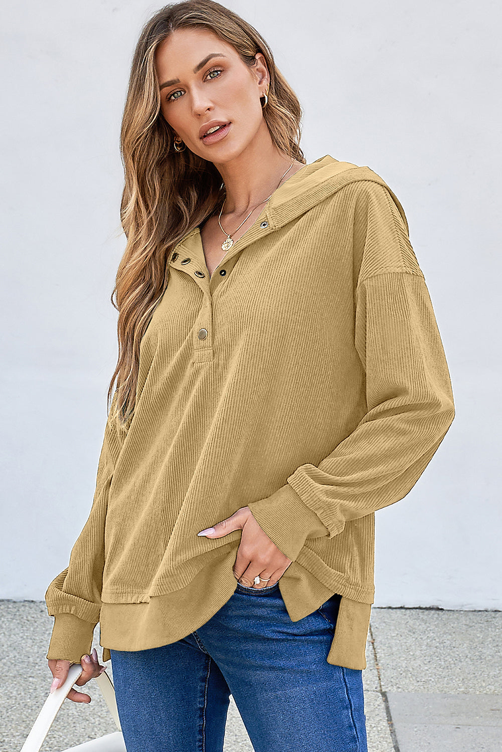 Simply Taupe Solid Ribbed Knit Buttoned Drop Shoulder Oversized Hoodie eAura