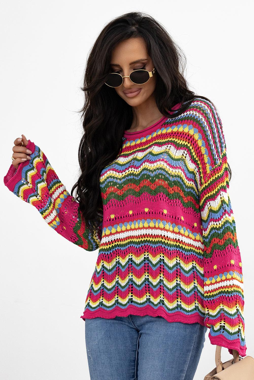 Rose Red Colourblock Striped Hollowed Knit Loose Sleeve Sweater eAura
