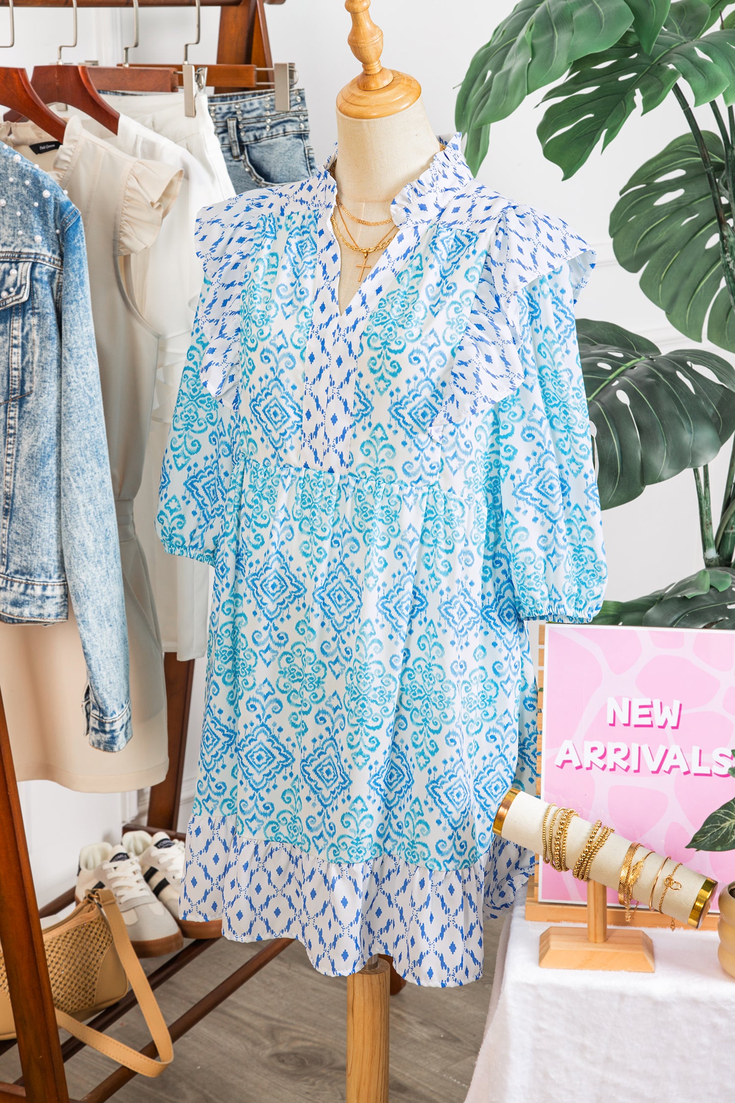 Boho Floral Geometric Patchwork Ruffle Puff Sleeve Mini Dress