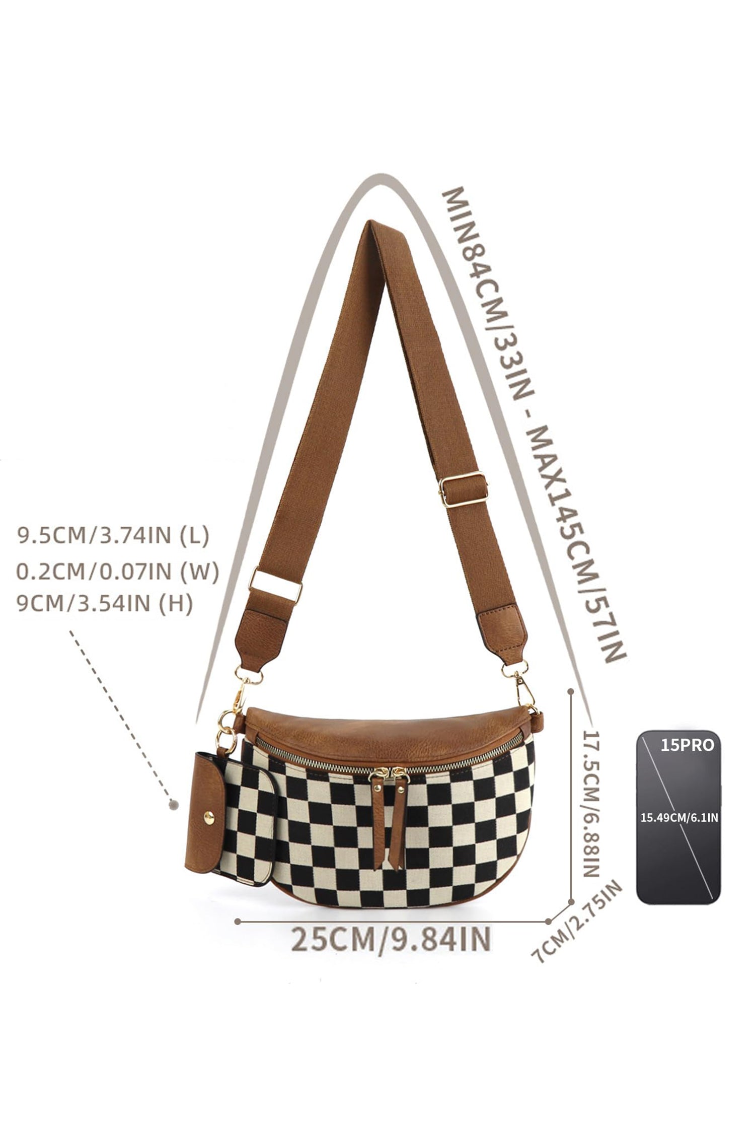 Coffee PU Leather Checkered Knit Patchwork Wallet Attached Shoulder Bag
