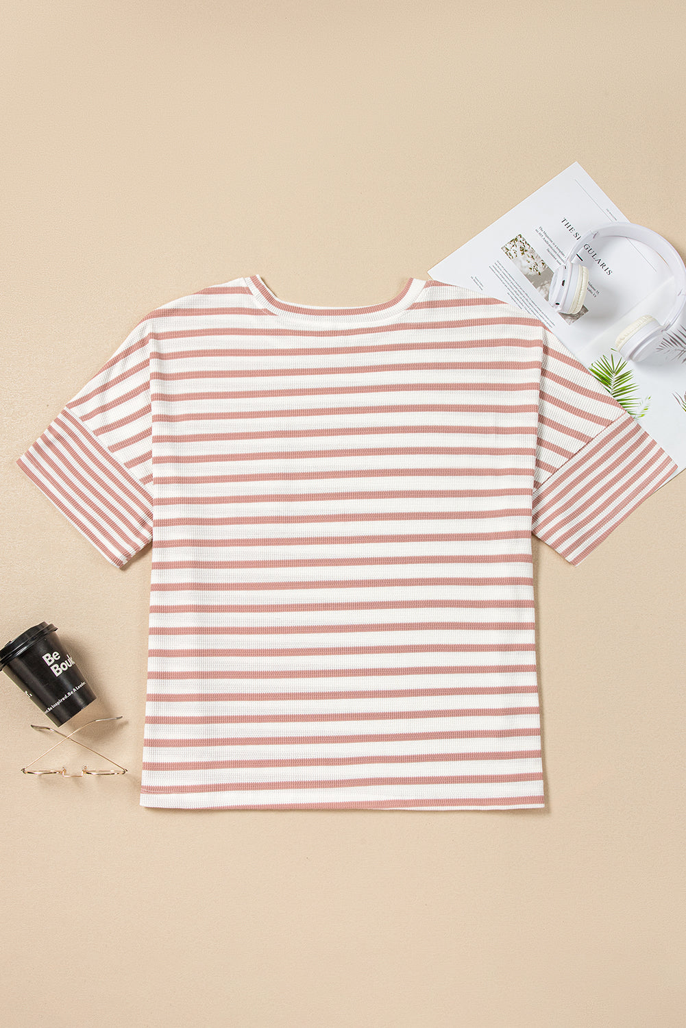 Pink Stripe Waffle Knit Pocketed Half Sleeve Plus Size T Shirt BB Fashion Outlet