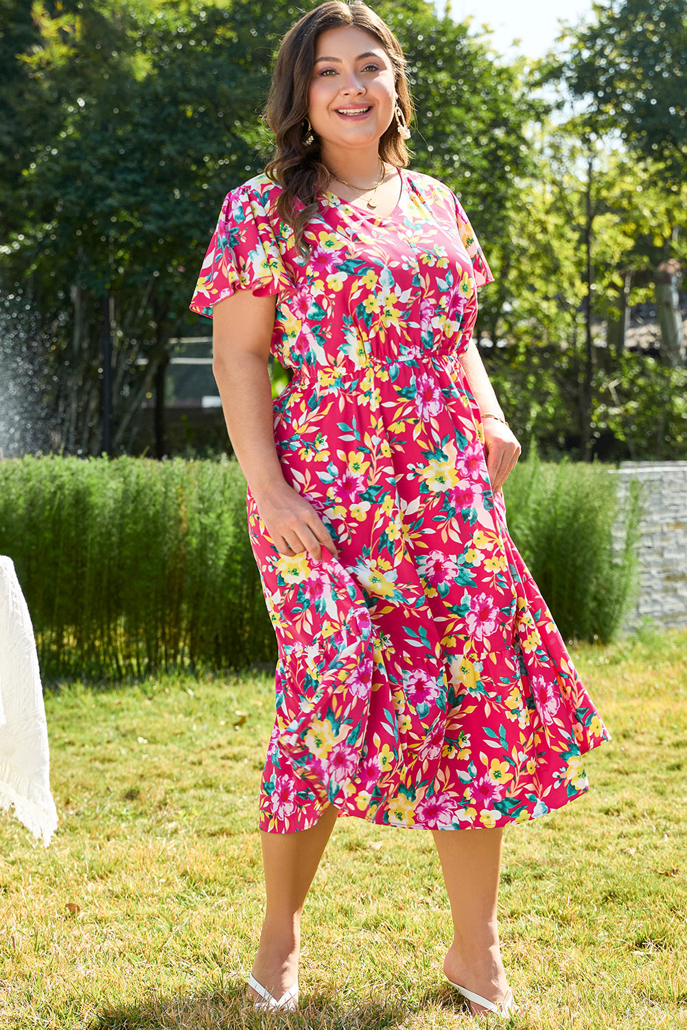Pink Floral Print V Neck Pocketed High Waist Plus Size Midi Dress BB Fashion Outlet