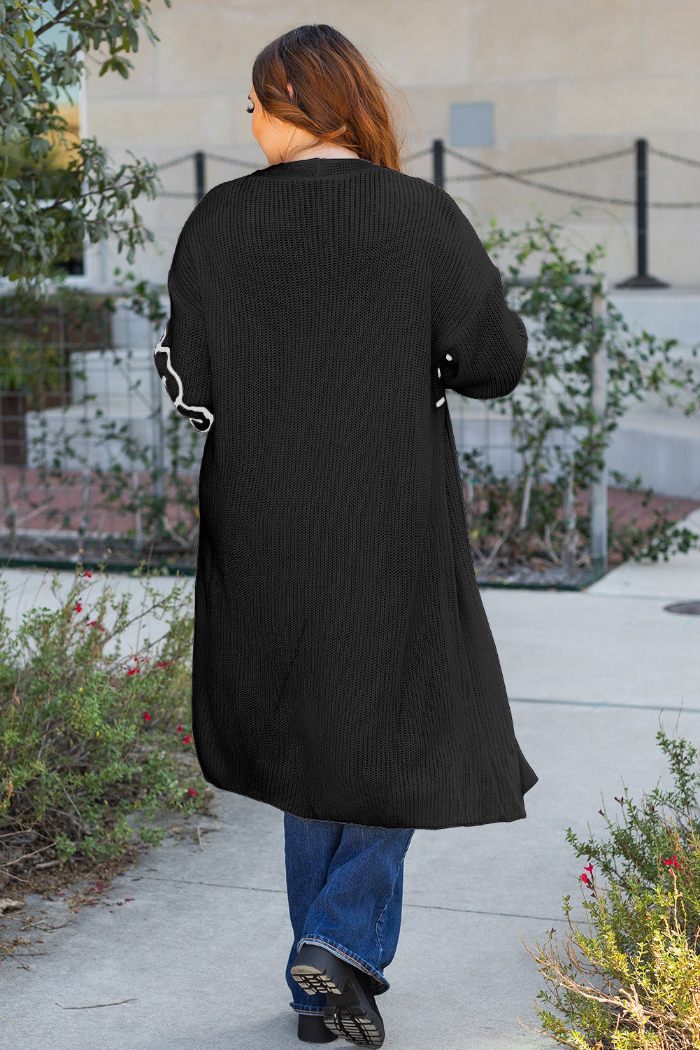 Black Flower Embroidered Drop Shoulder Open Front Duster Cardigan eAura