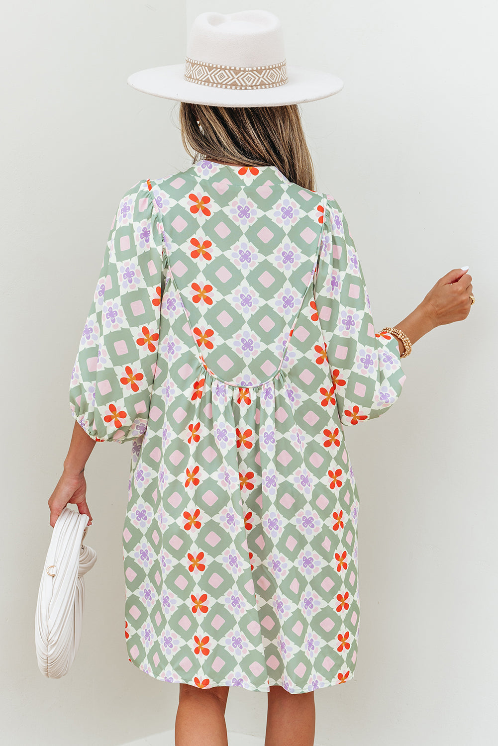 Green Geometric Floral Print 3/4 Sleeve Notched Neck Mini Dress eAura