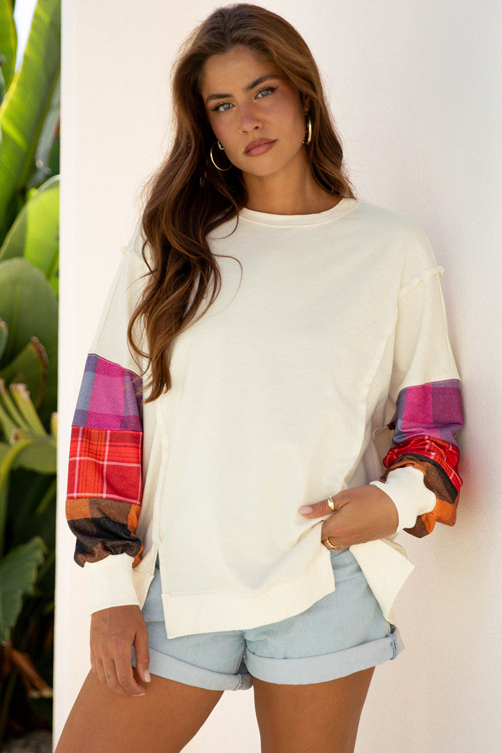 Beige Contrast Plaid Long Sleeve Exposed Seam Patchwork Top - eAura