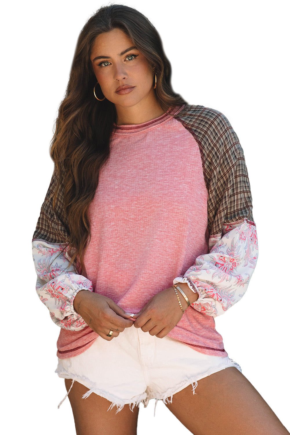 Fushia Mixed Print Patchwork Raglan Ribbed Knit Top eAura