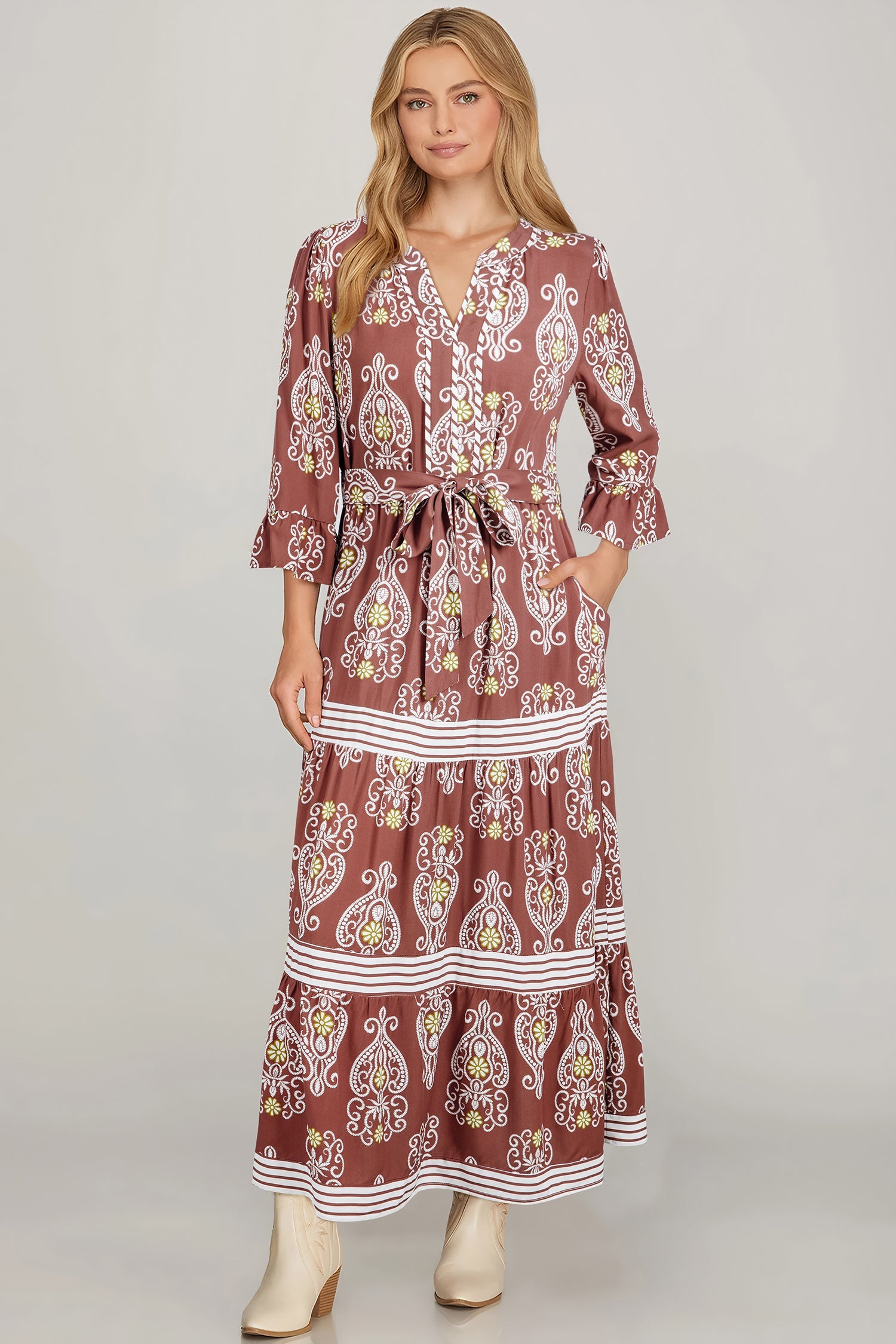 Floral Print Belted Striped Trim Tiered Maxi Dress - eAura