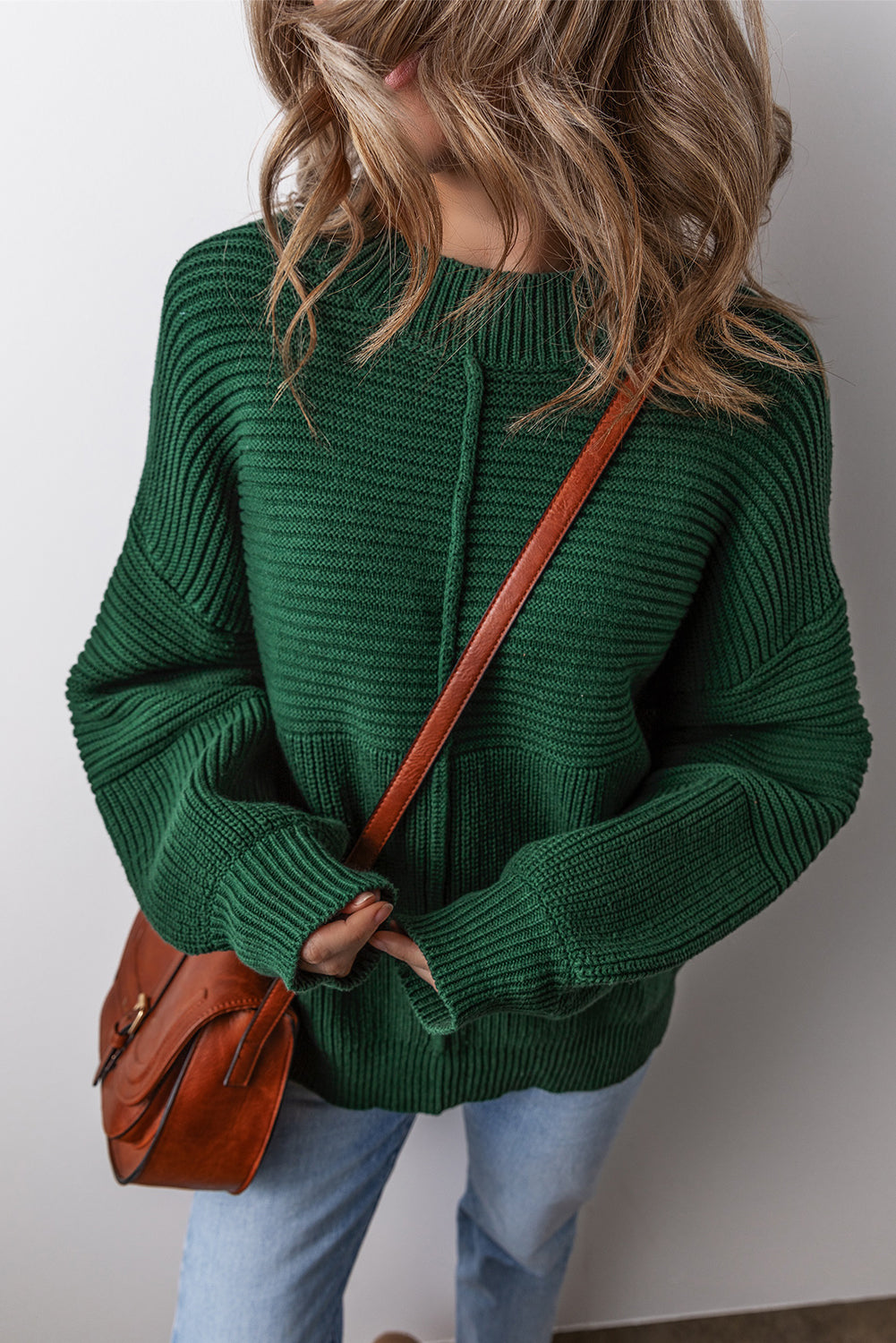 Blackish Green Textured Knit Crewneck Lantern Sleeve Sweater eAura