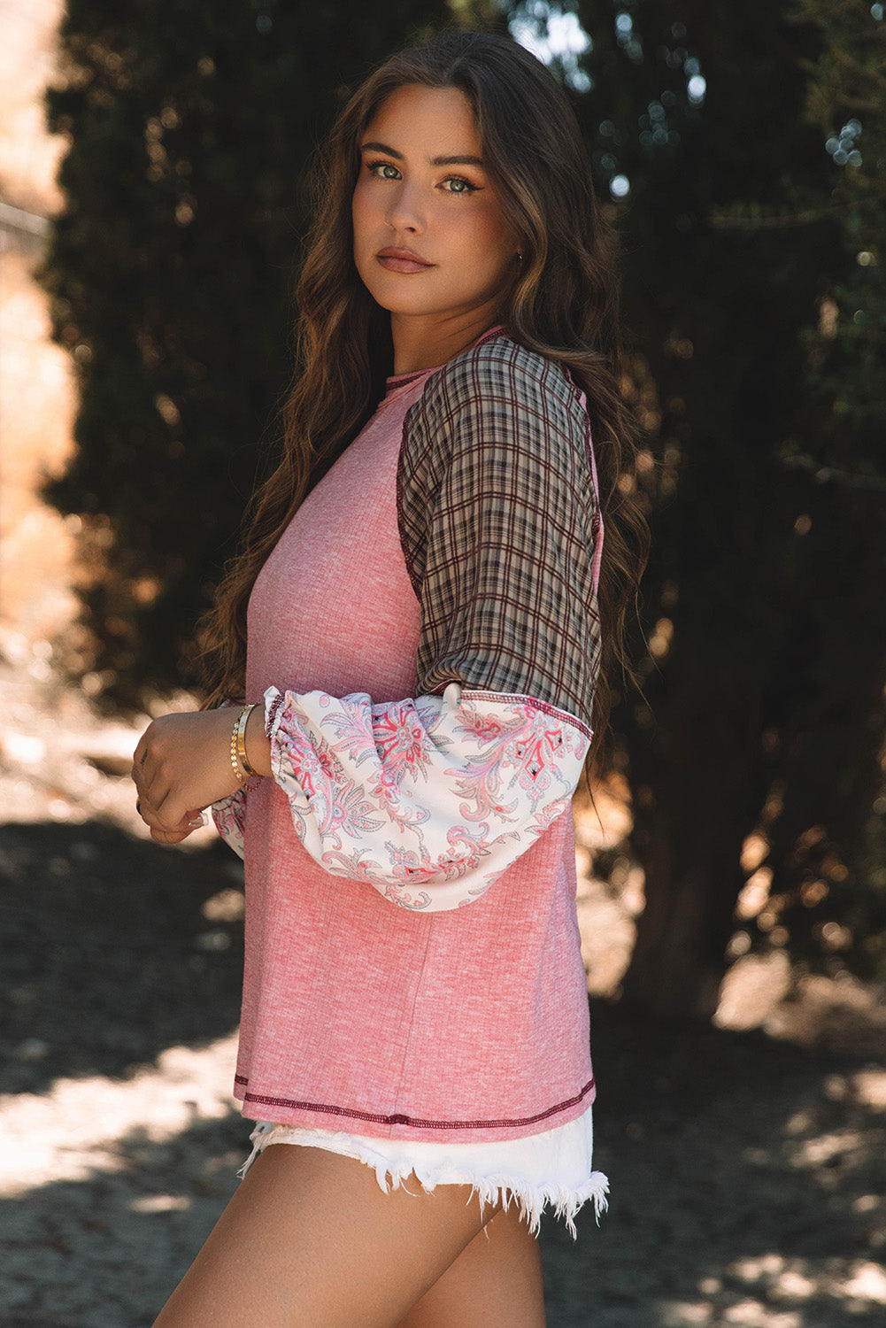 Fushia Mixed Print Patchwork Raglan Ribbed Knit Top eAura