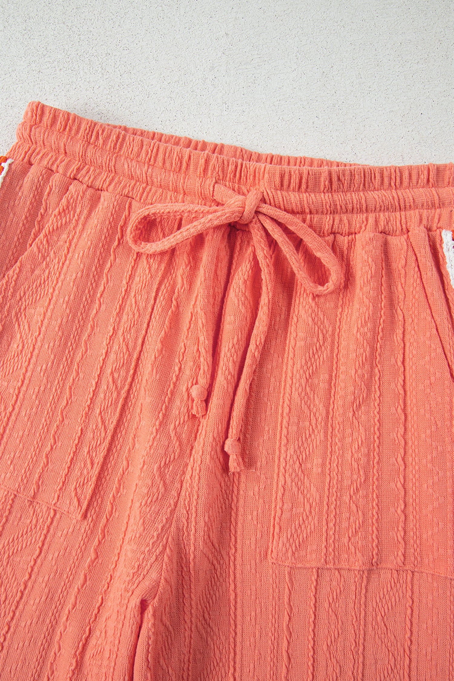 Orange Crochet Floral Accent V-Neck Textured Trouser Set - Two Piece Sets/Pant Sets