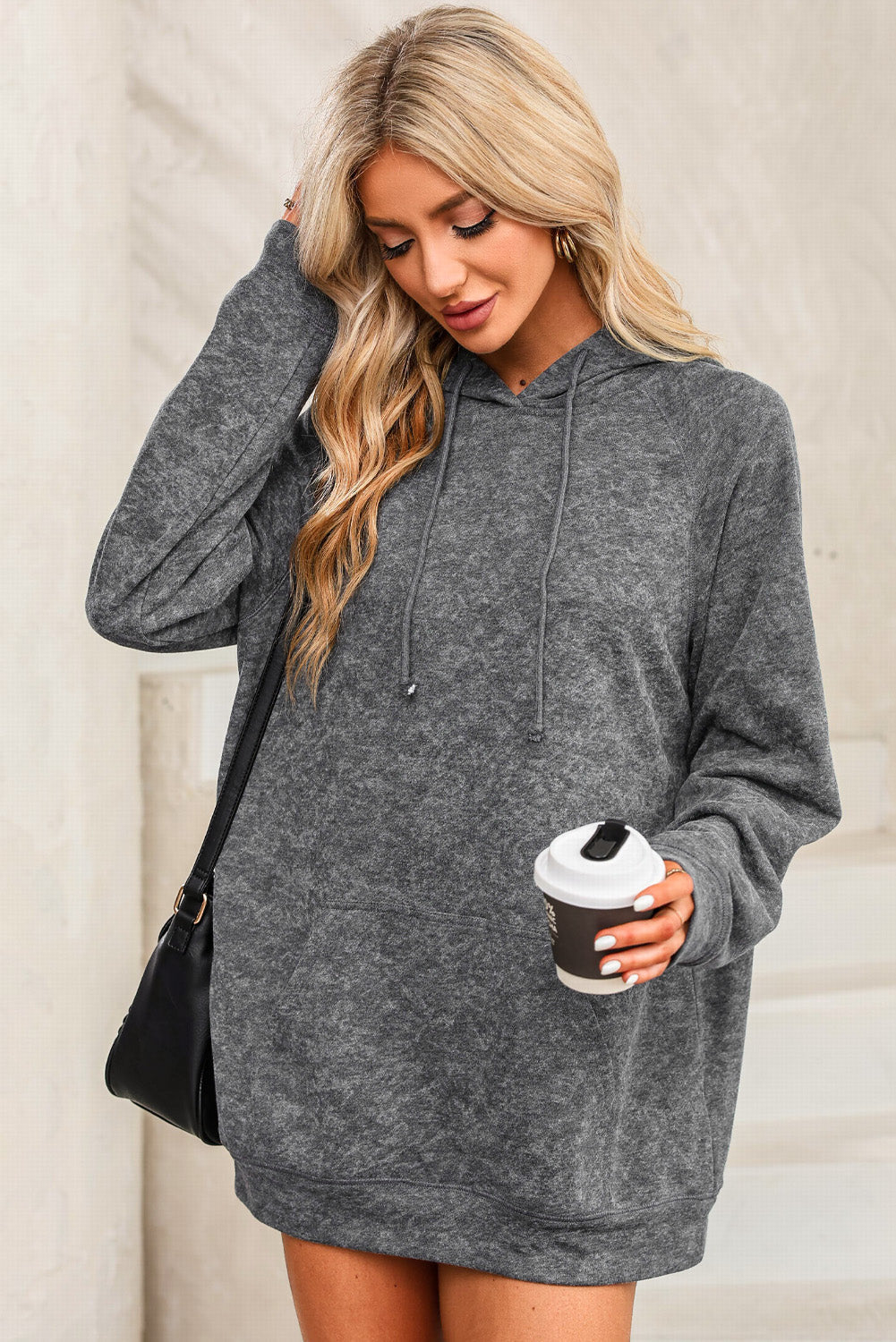 Grey Mineral Wash Kangaroo Pocket Drawstring Pullover Hoodie eAura