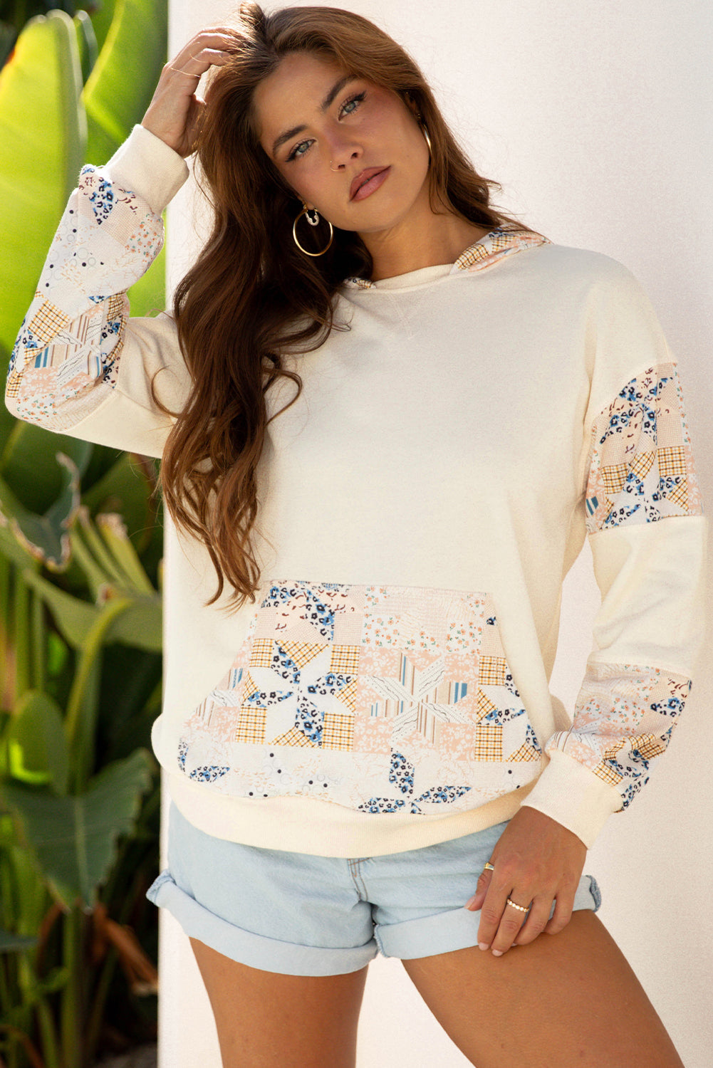 Western Geo Pattern Patchwork Hoodie with Kangaroo Pocket - Tops/Sweatshirts & Hoodies