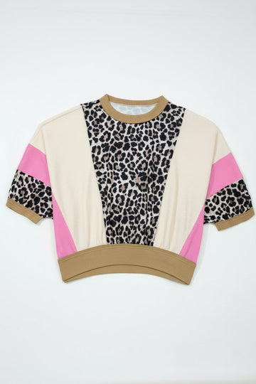 Leopard Print Colour Block 3/4 Sleeve Baggy Top - eAura