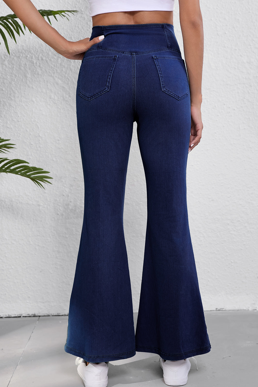 Dusk Blue Solid Crossed Waist High Elastic Fit Flare Jeans Beagle Boutique Fashion Outlet