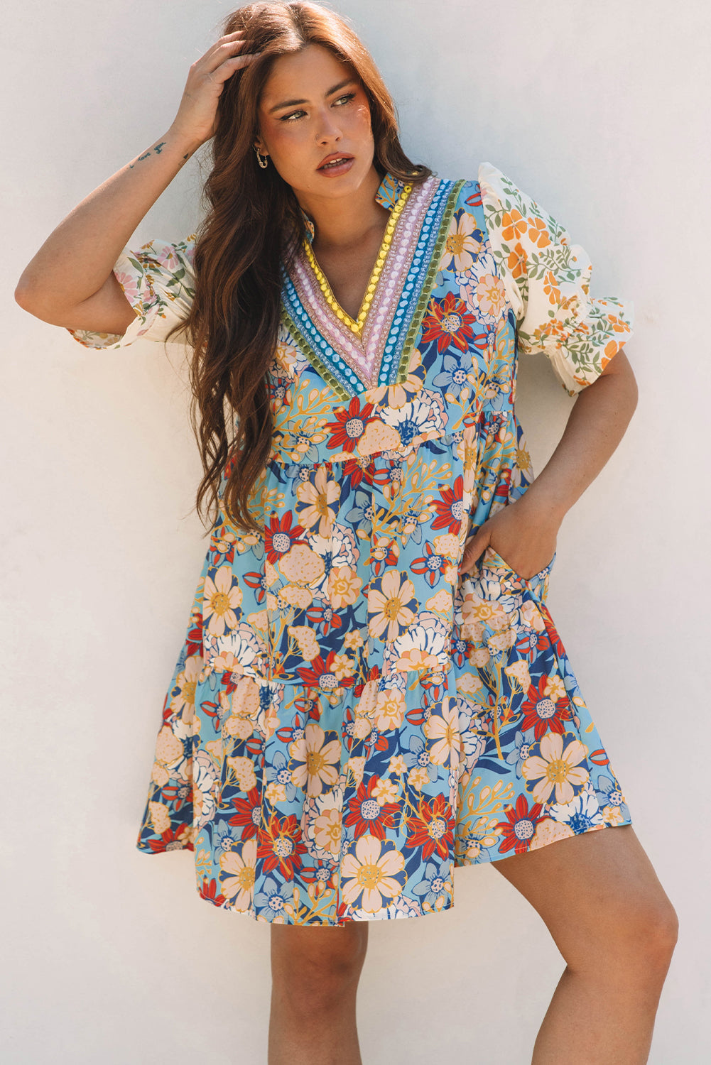 Multicolour Boho Floral Print Crochet Patchwork V Neck Loose Mini Dress eAura