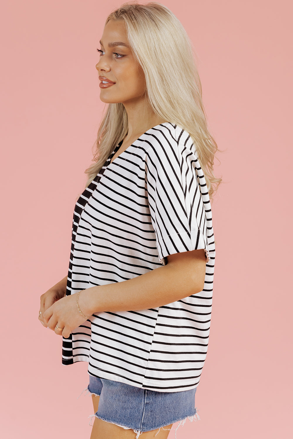 Black Stripe Two Tone Colorblock V Neck T Shirt BB Fashion Outlet