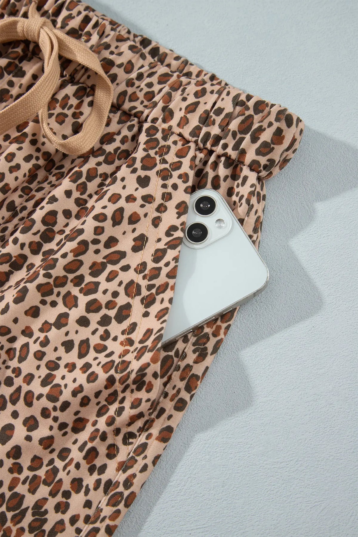 Leopard Print Drawstring Waist Patch Pockets Pants – Khaki
