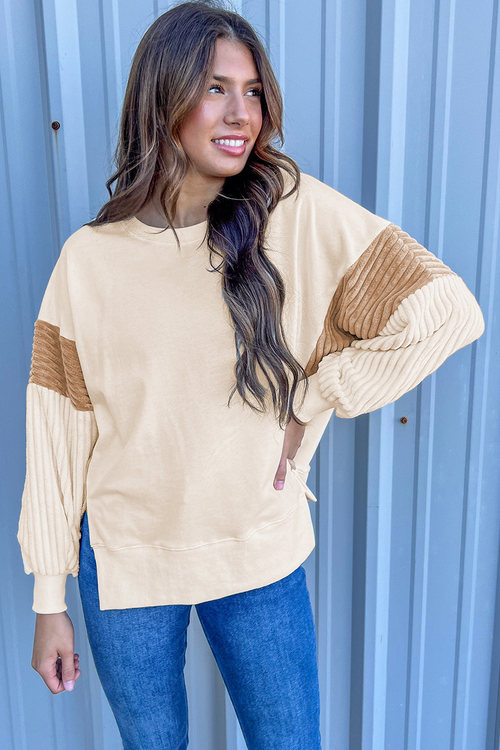 Apricot Corduroy Patchwork Drop Shoulder Long Sleeve Sweatshirt eAura