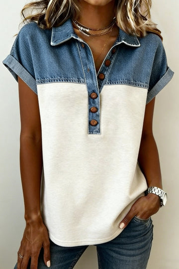 Colour-Block Denim Polo Collar Short Sleeve Top - Grey / L - Tops/Tops & Tees