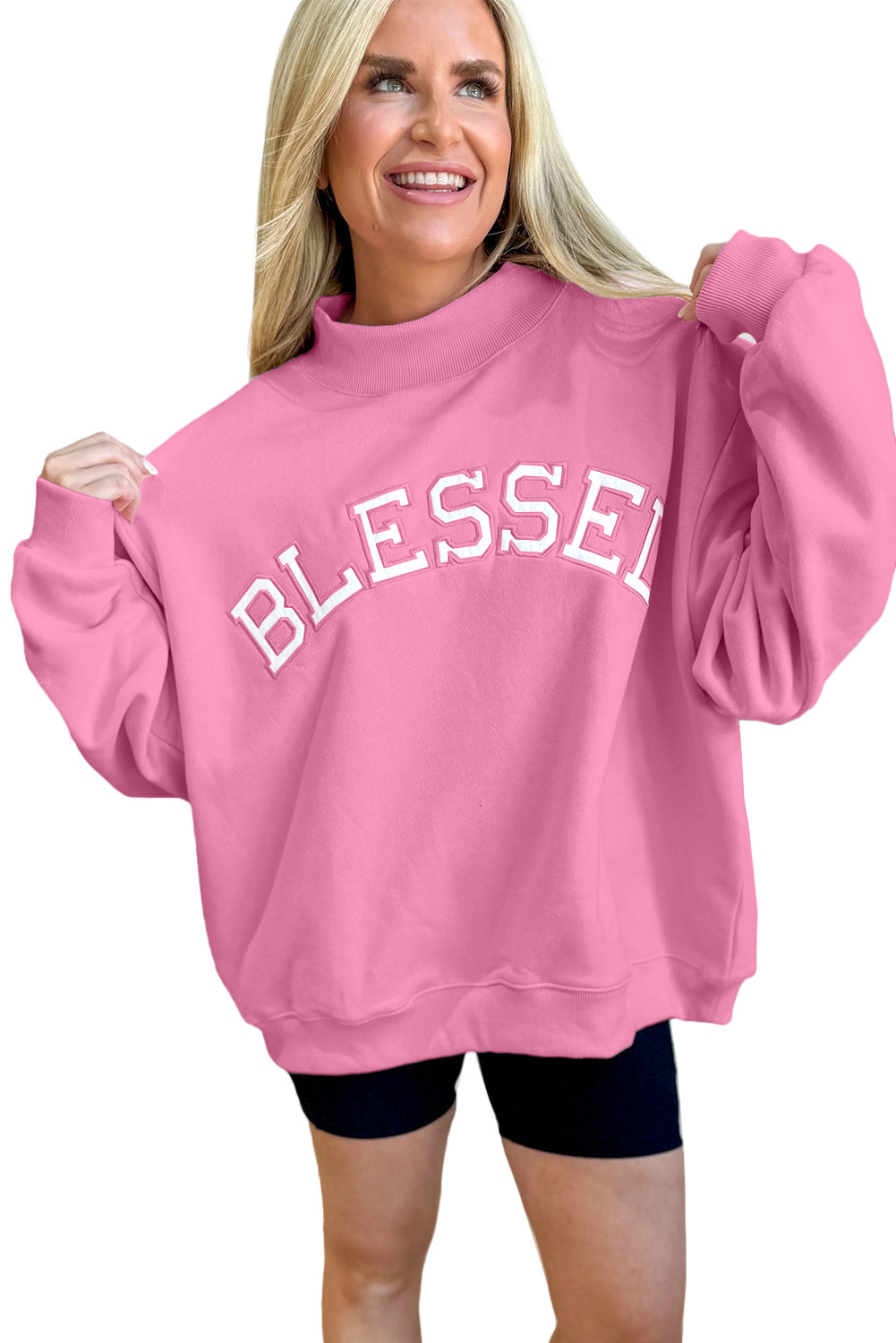 Oversized 'Blessed' Embroidered Mock Neck Sweatshirt - eAura