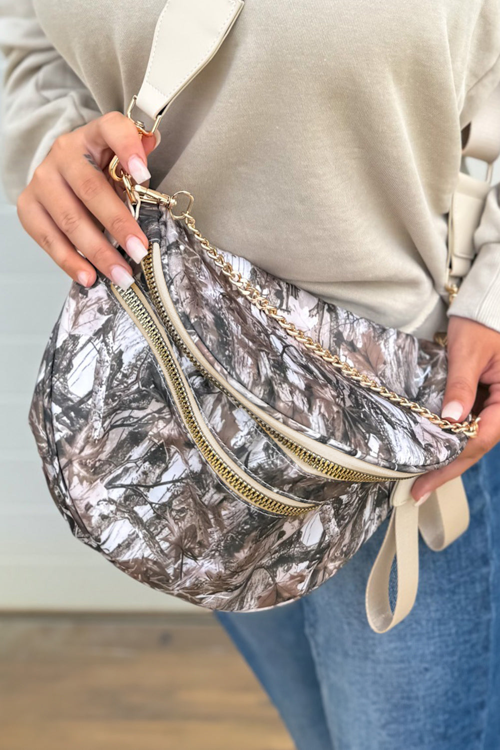 Black Camouflage Print Double Zipper Crossbody Bag