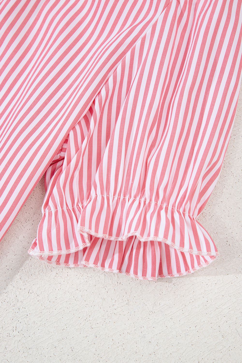 Pink Stripe Notched Neck Frilled Short Puff Sleeve Blouse eAura