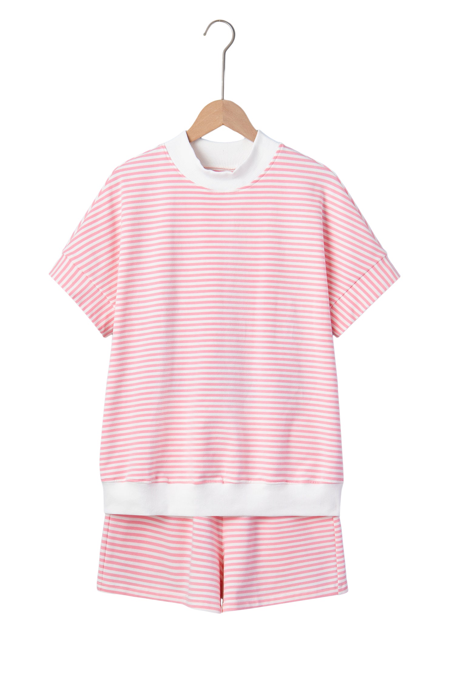 Stripe Cuffed Sleeve Contrast Mock Neck Tee Casual Co-ord Short Set