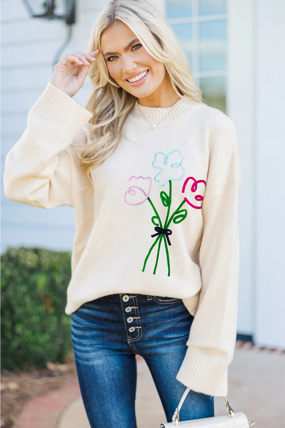 White Embroidered Flower Bouquet Ribbed Trim Loose Sweater Dear-Lover Dropshipping