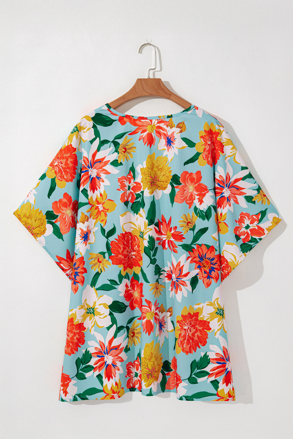 Sky Blue Plus Size Floral Print V Neck Batwing Sleeve Blouse BB Fashion Outlet