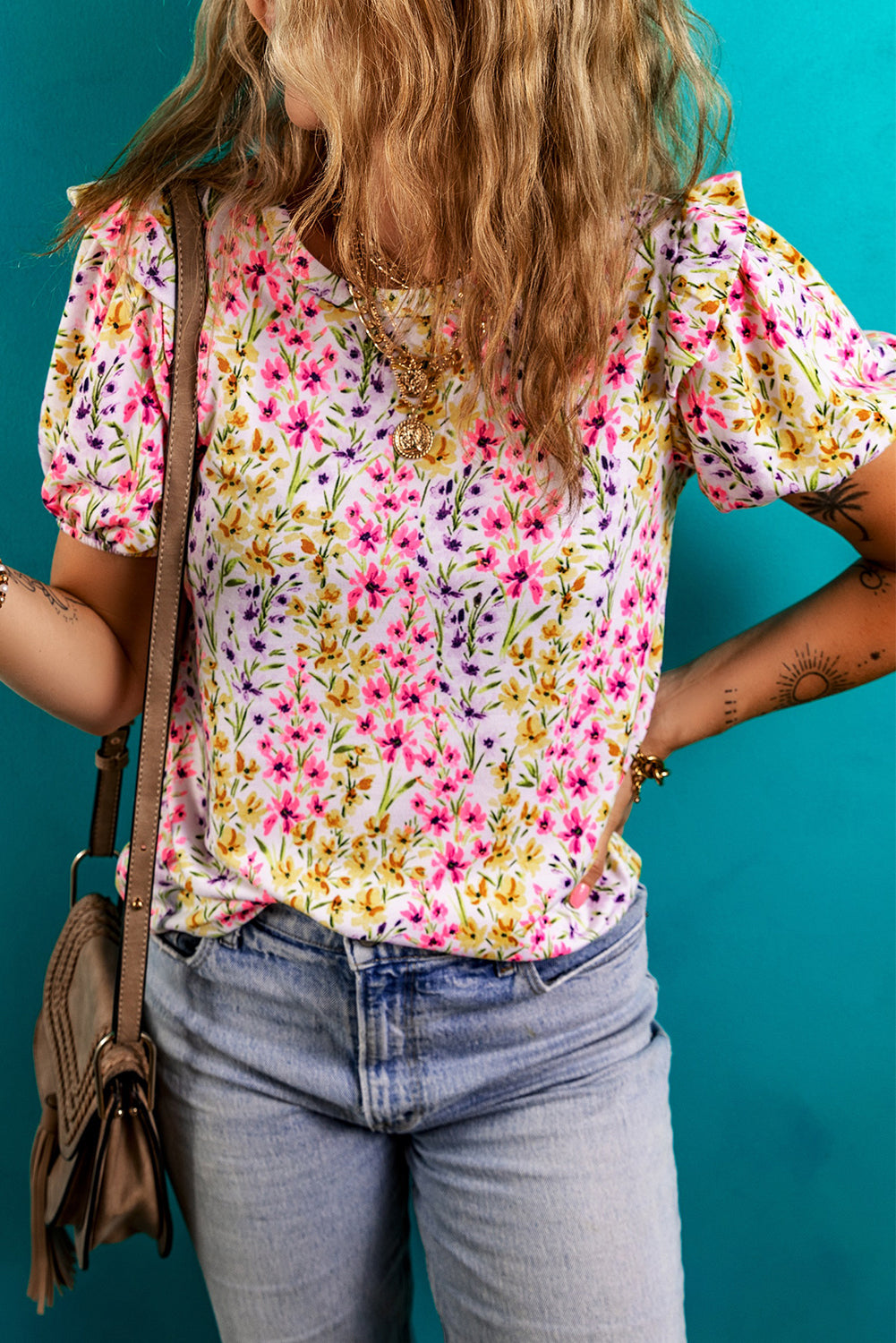 Pink Floral Puff Short Sleeve Crewneck Blouse eAura