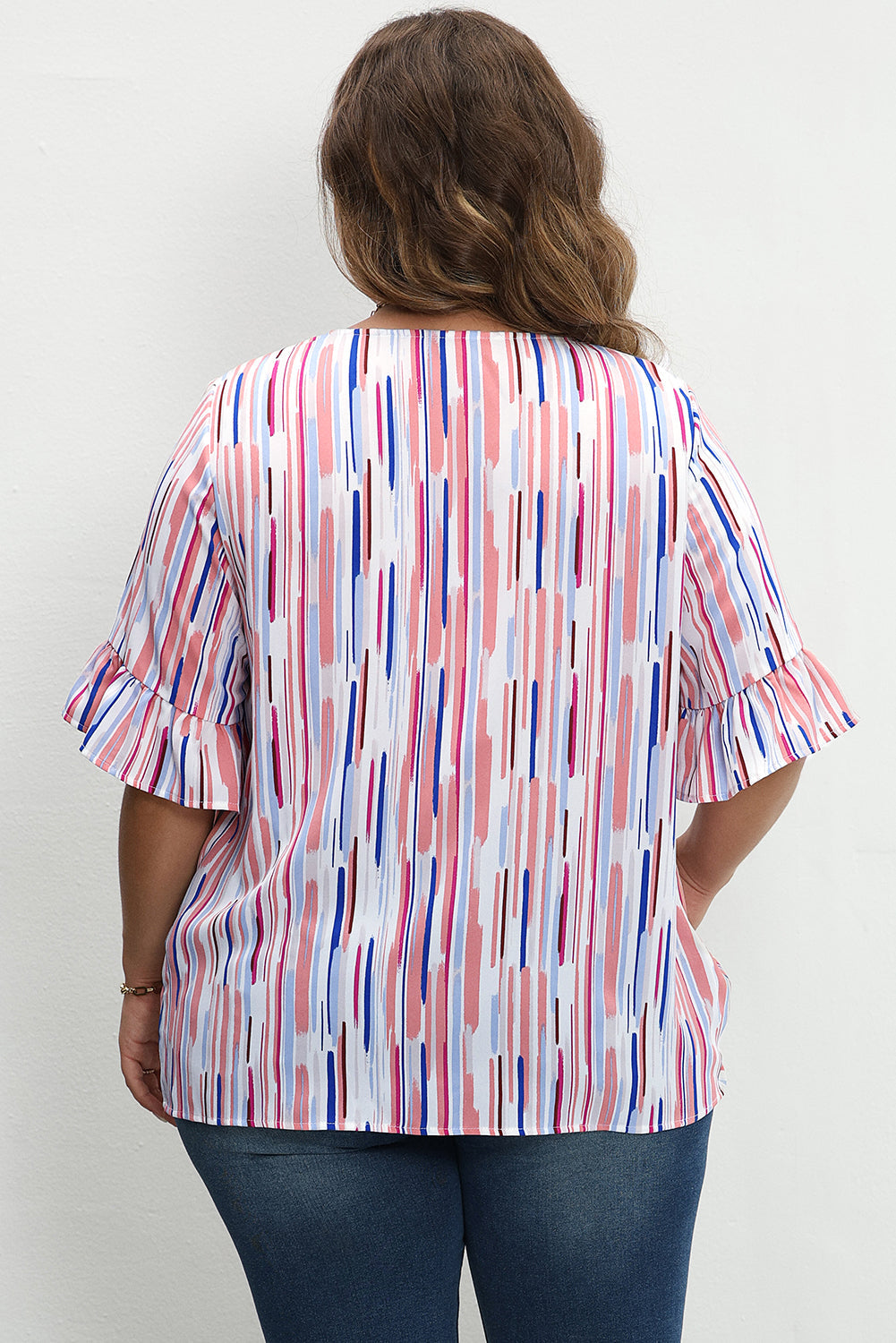 White Stripe Ruffled Short Sleeve Plus Size Blouse BB Fashion Outlet