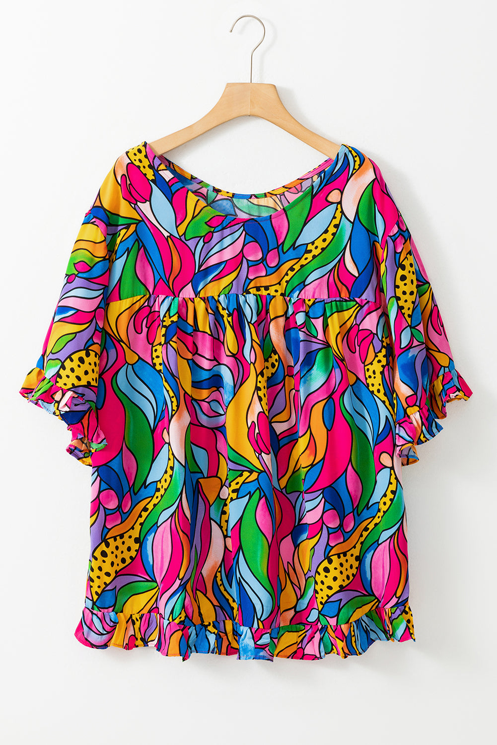 Rose Abstract Print Plus Size Frilly Trim Blouse BB Fashion Outlet