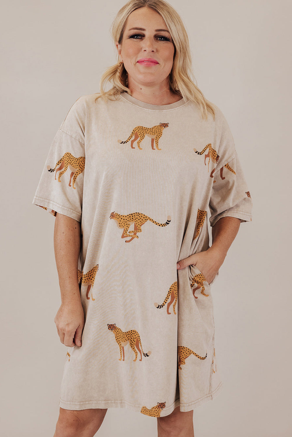 Apricot Plus Size Cheetah Print Side Pockets T Shirt Mini Dress BB Fashion Outlet