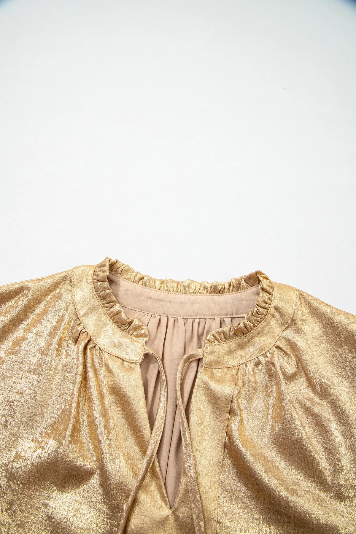 Metallic Sheen V Neck Gathered Cuff Long Sleeve Blouse – Gold