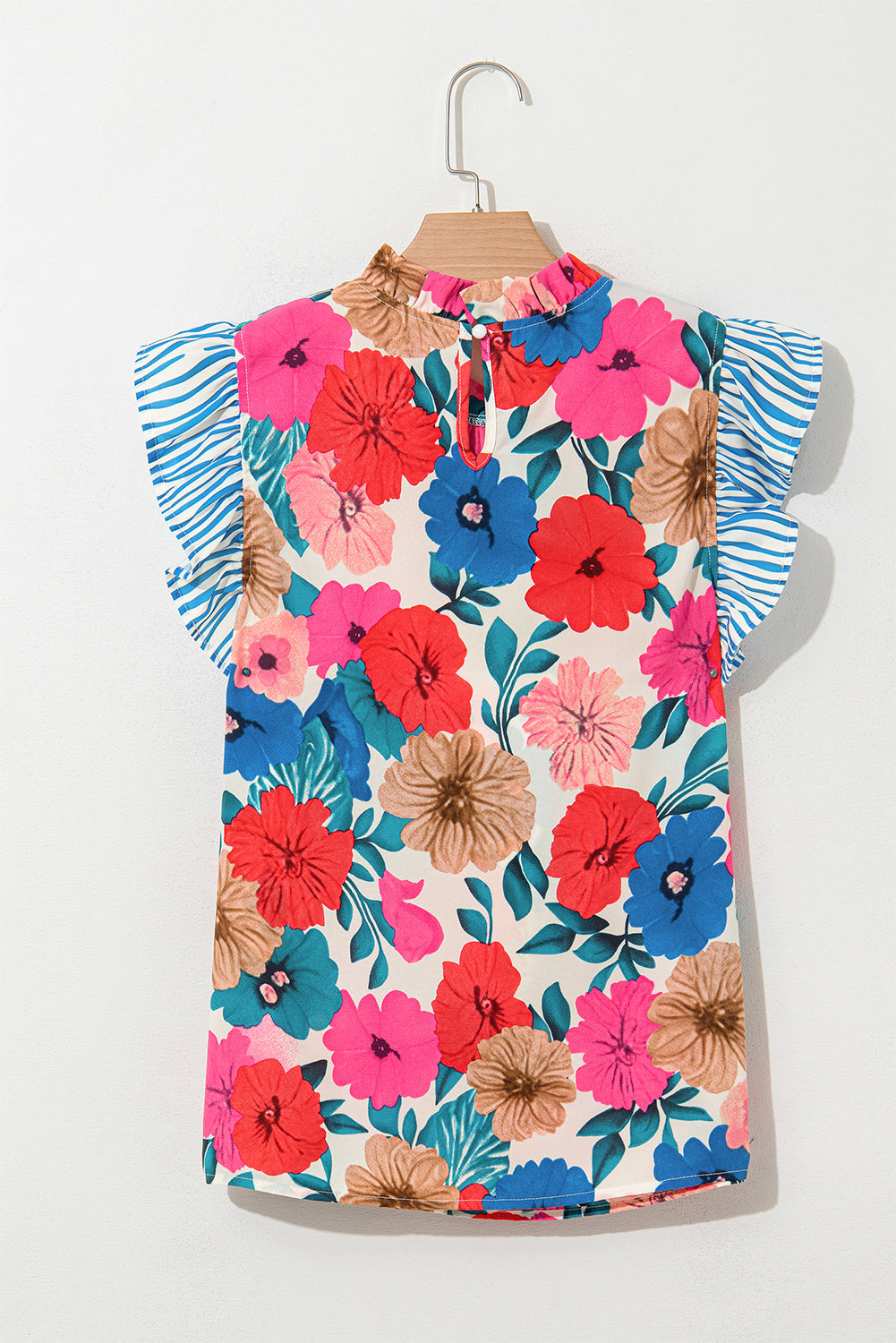 Sky Blue Floral Mock Neck Striped Flutter Sleeve Blouse eAura