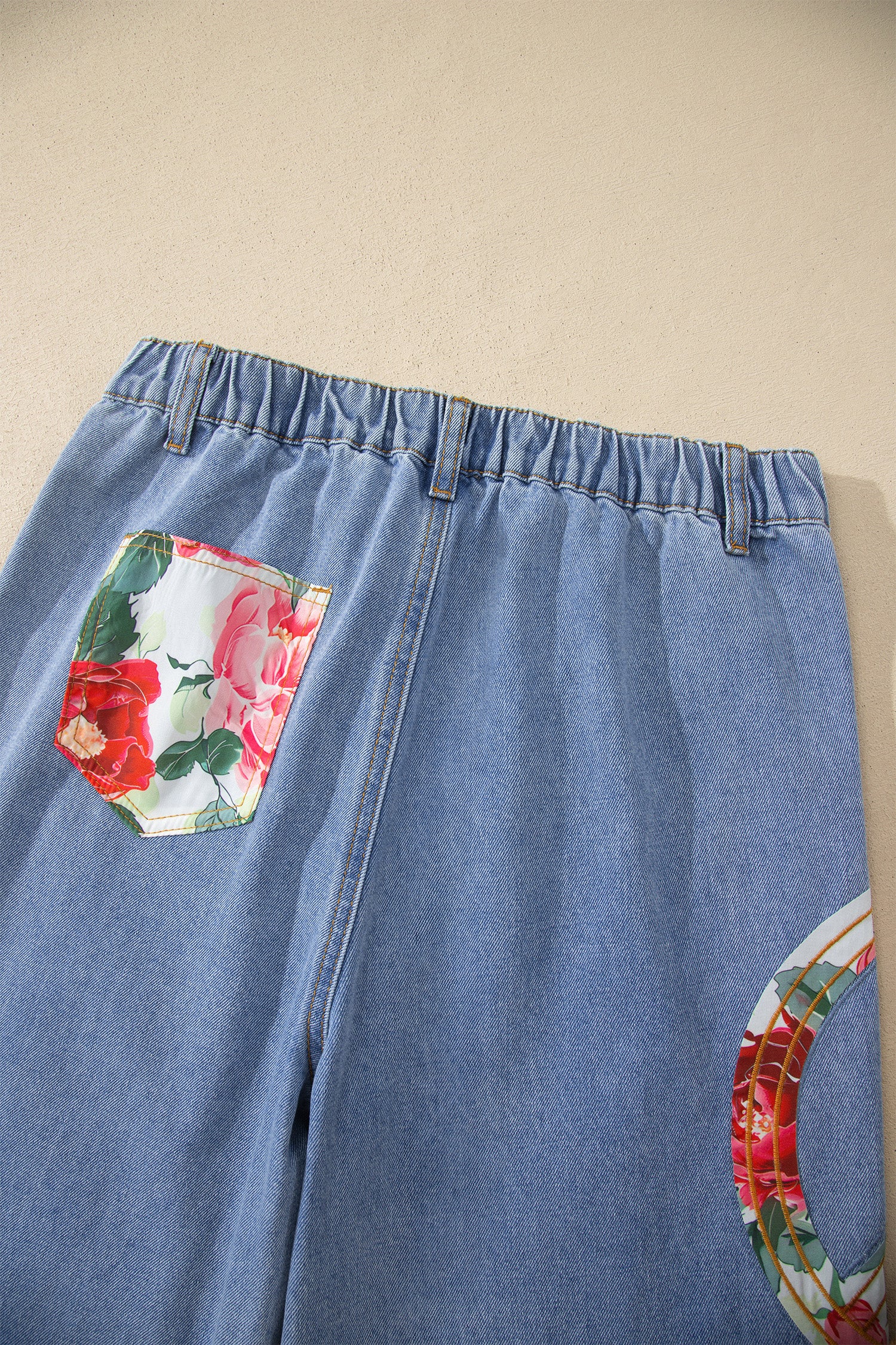 Floral Peace Sign Embroidered Patch Wide Leg Jeans