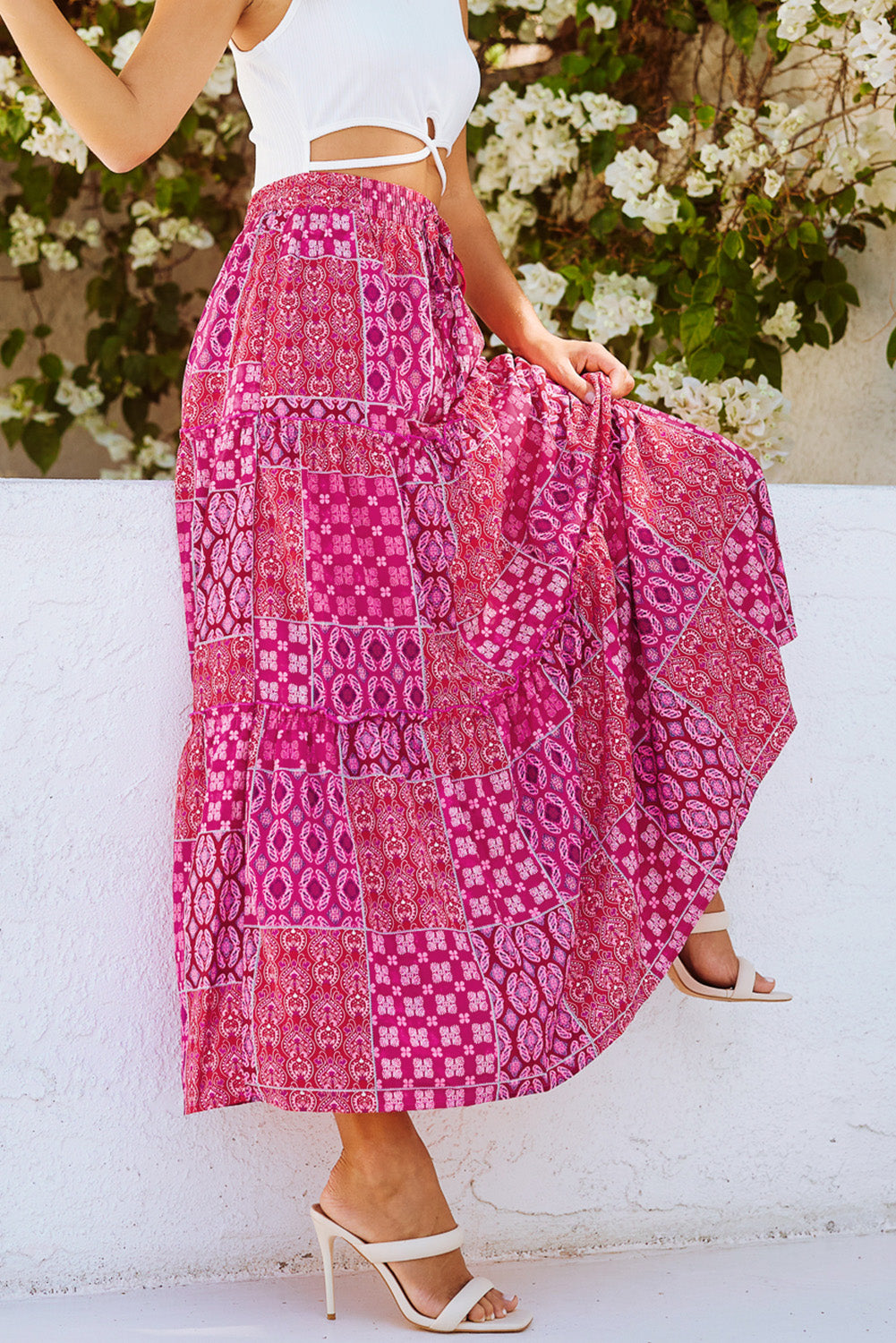 Tiered Paisley Print Pocketed Maxi Skirt