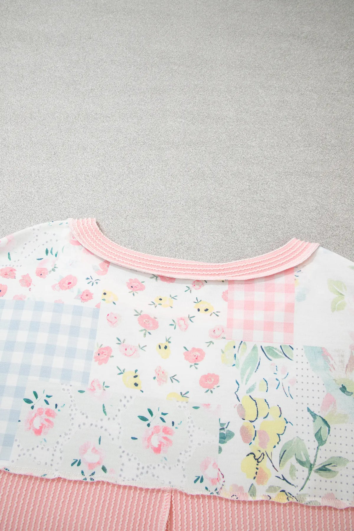 Patchwork Floral Print Long Sleeve Tunic Plus Size Blouse – Pink
