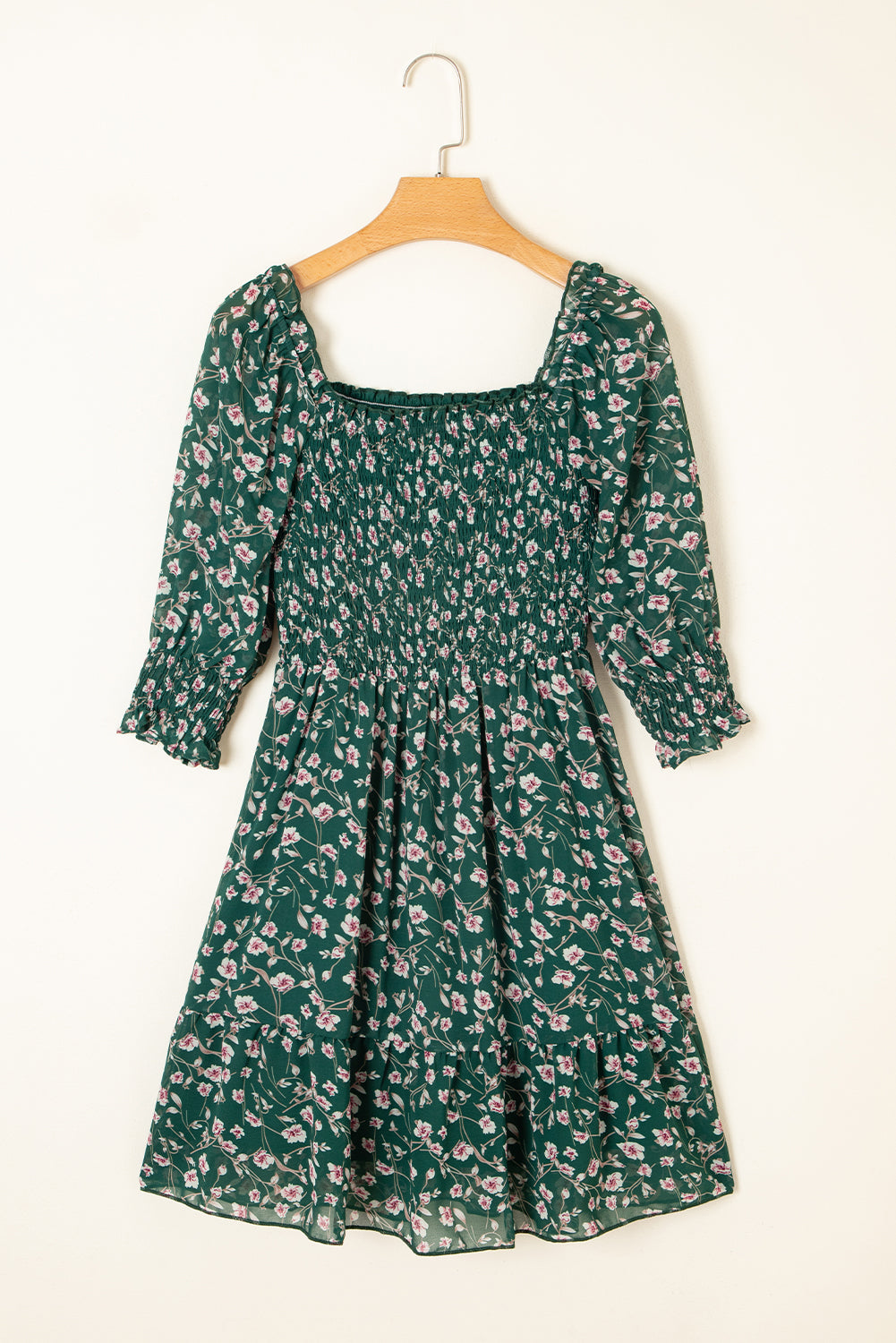 Green Smocked Square Neck Puff Short Sleeve Floral Dress eAura