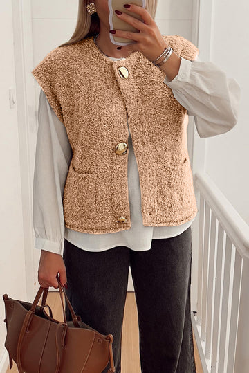 Big Button Accent Fuzzy Pocket Vest – Light French Beige