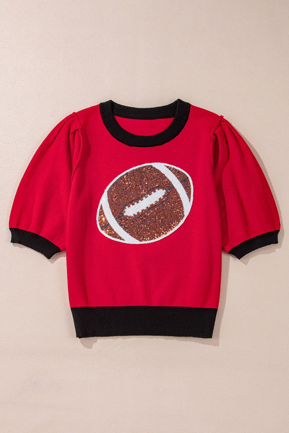 Red Sequin Rugby Colour Block Puff Short Sleeve Sweater eAura