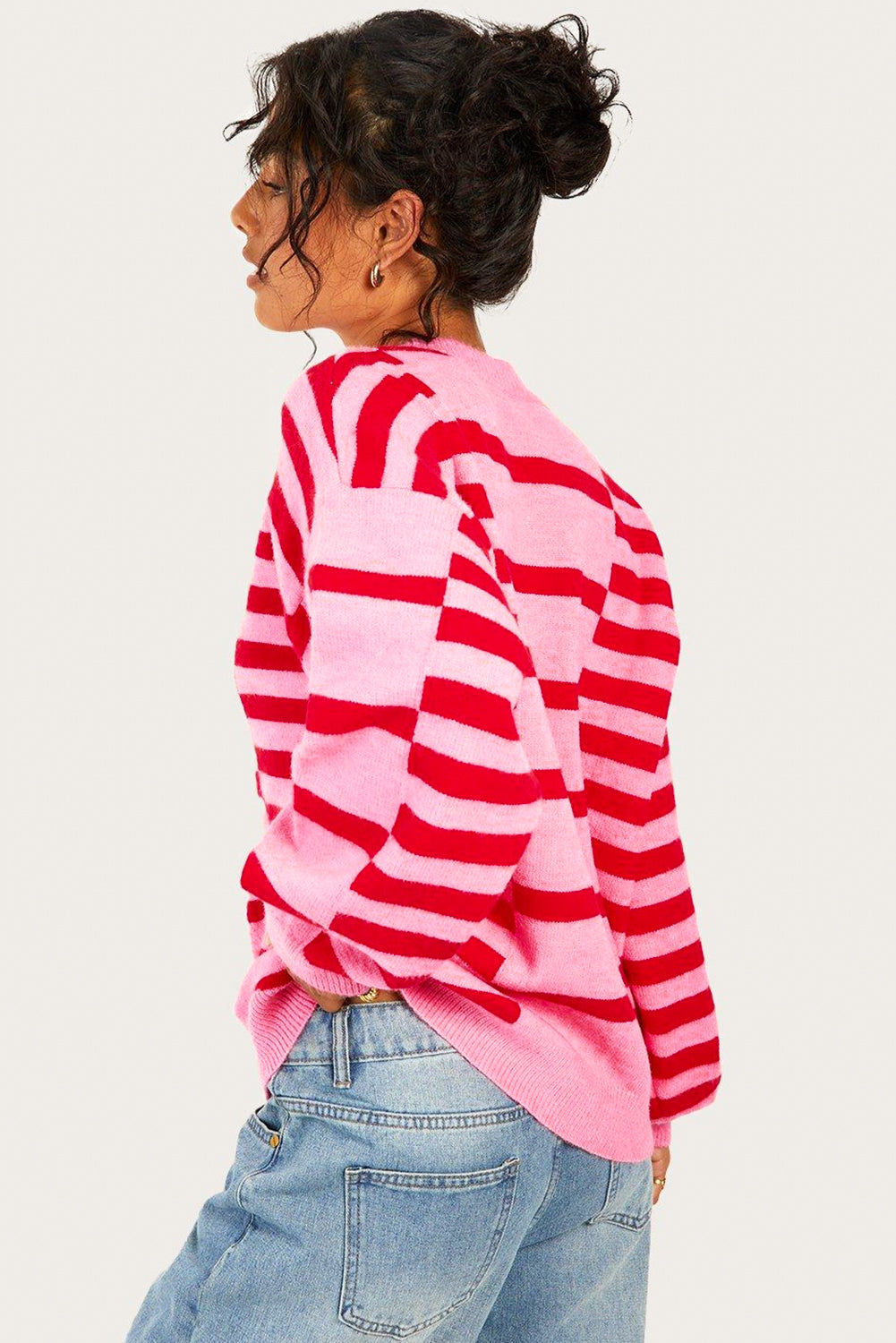 Pink Stripe Bubble Sleeve Drop Shoulder Ribbed Trim Sweater eAura