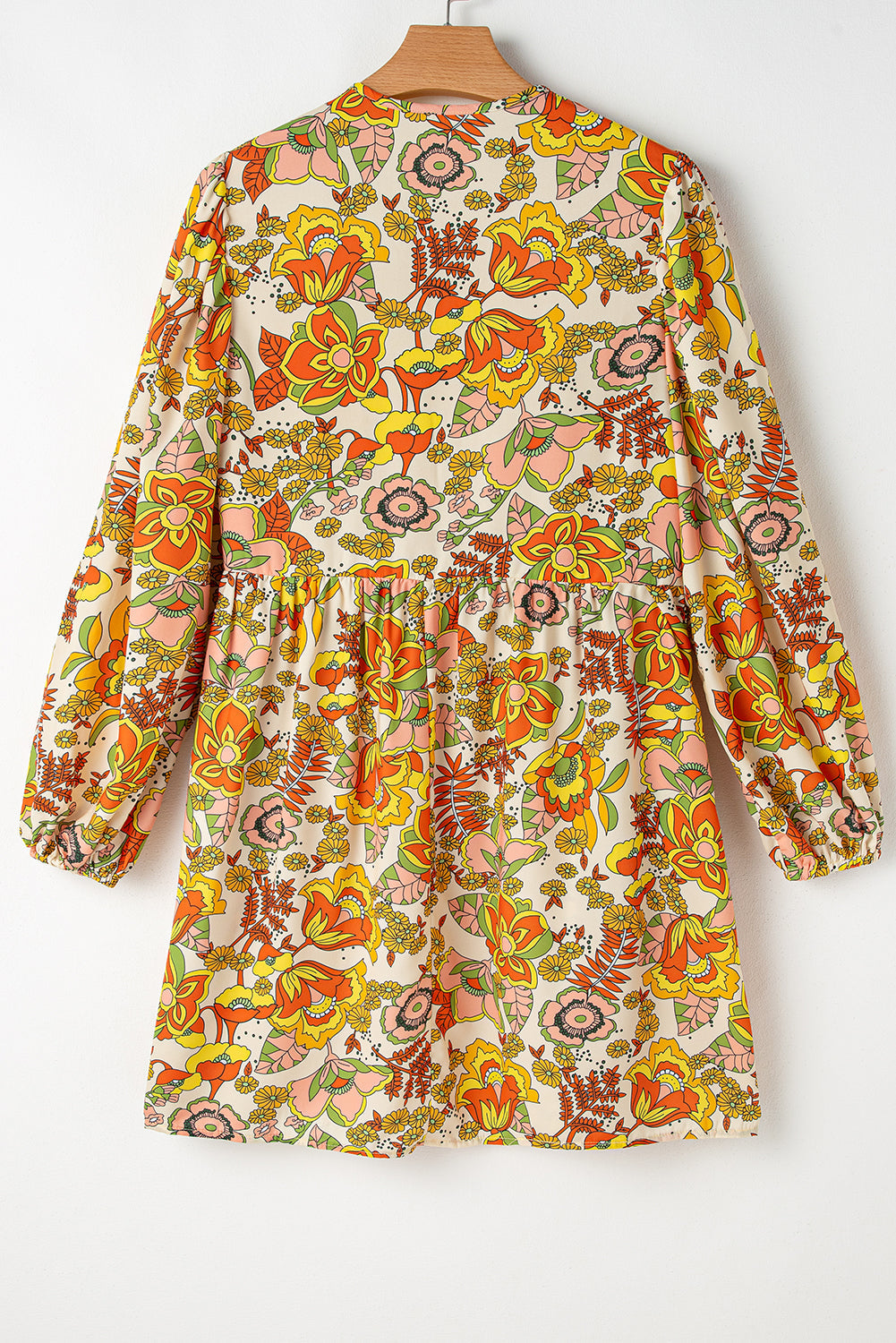 Yellow Cream Floral Print V Neck Puff Sleeve Mini Dress eAura