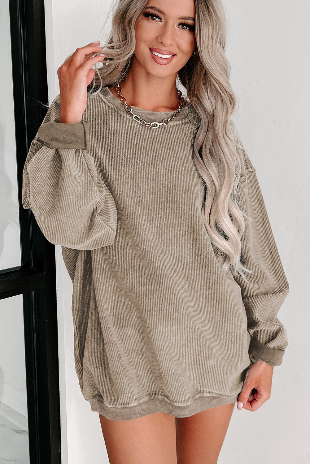 Green Solid Ribbed Knit Round Neck Pullover Sweatshirt eAura