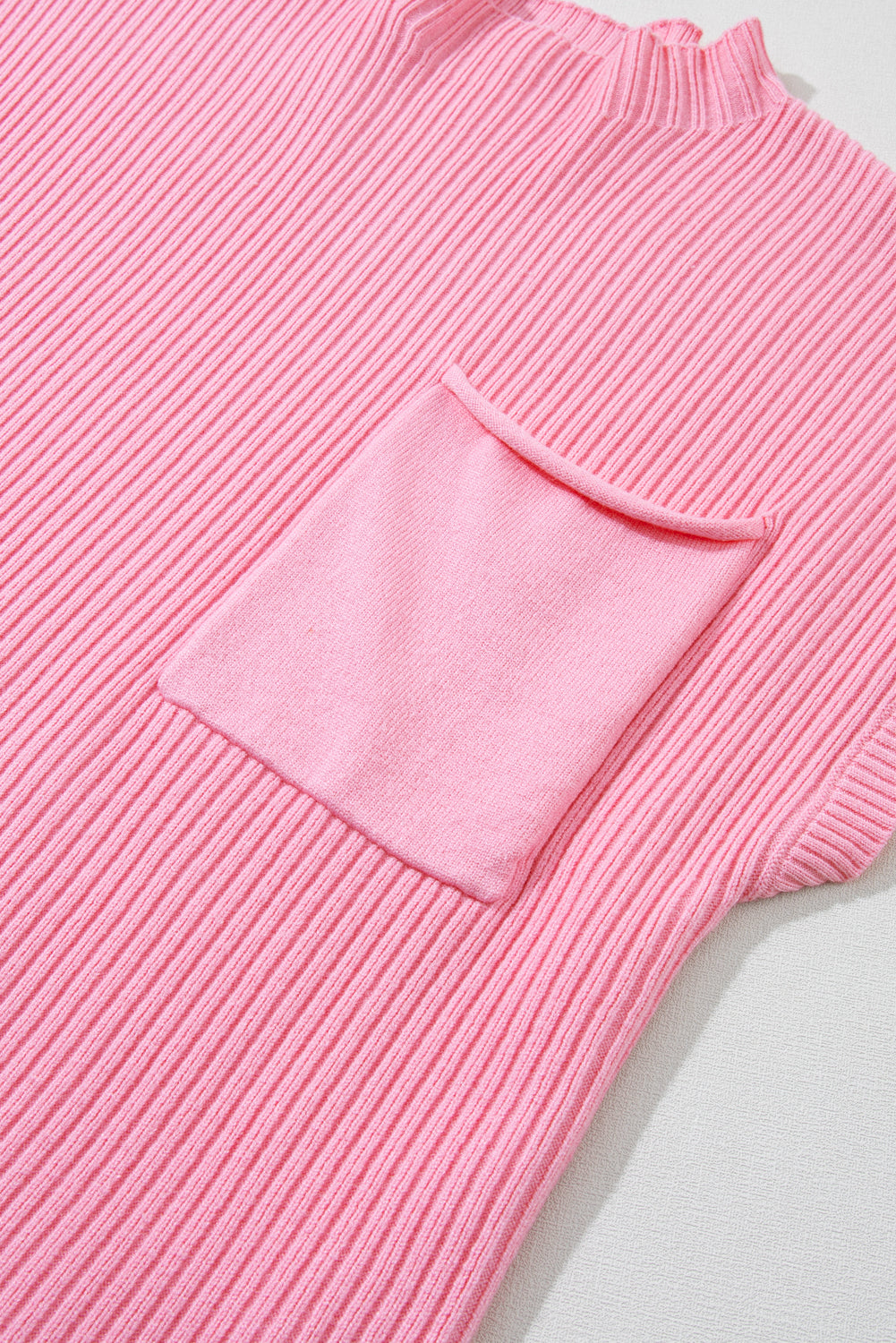 Black Patch Pocket Ribbed Knit Short Sleeve Sweater eAura