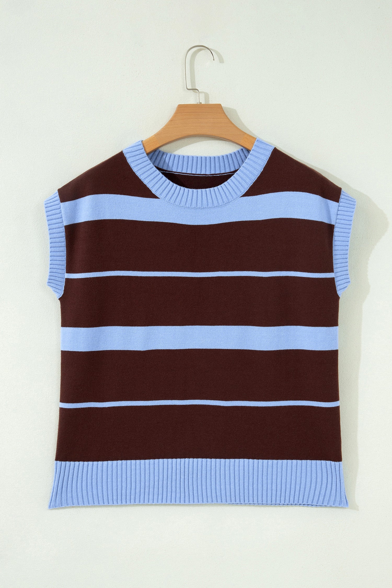 Striped Short Sleeve Round Neck Casual Knit Top – Sky Blue Stripe