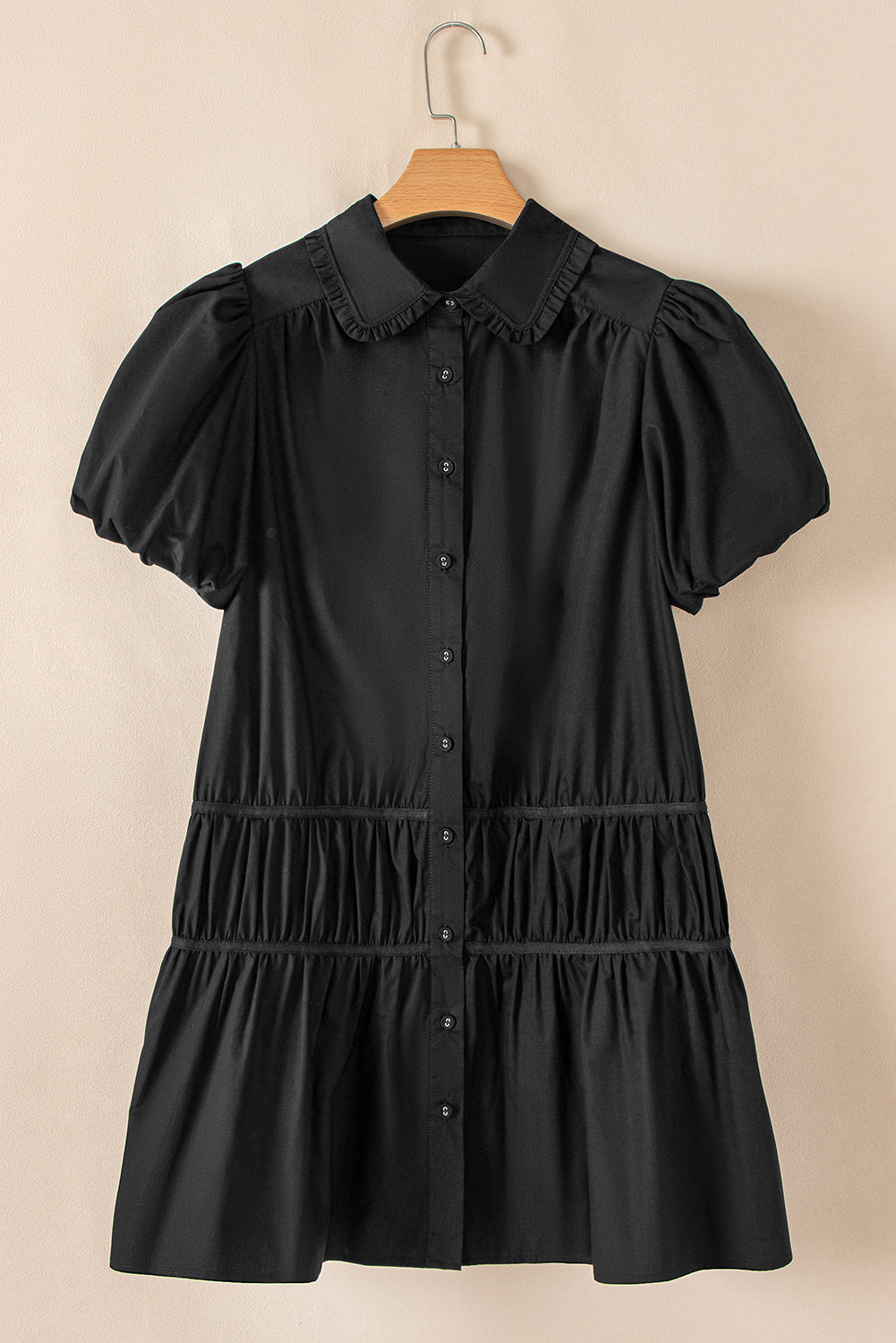 Black Shirt Style Button Down Puff Sleeve Ruffle Hem Dress eAura
