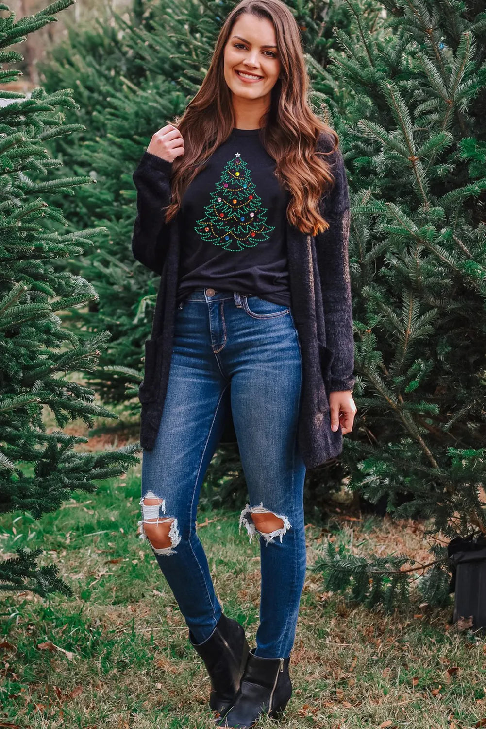 Rhinestone Christmas Tree Round Neck Graphic Tee