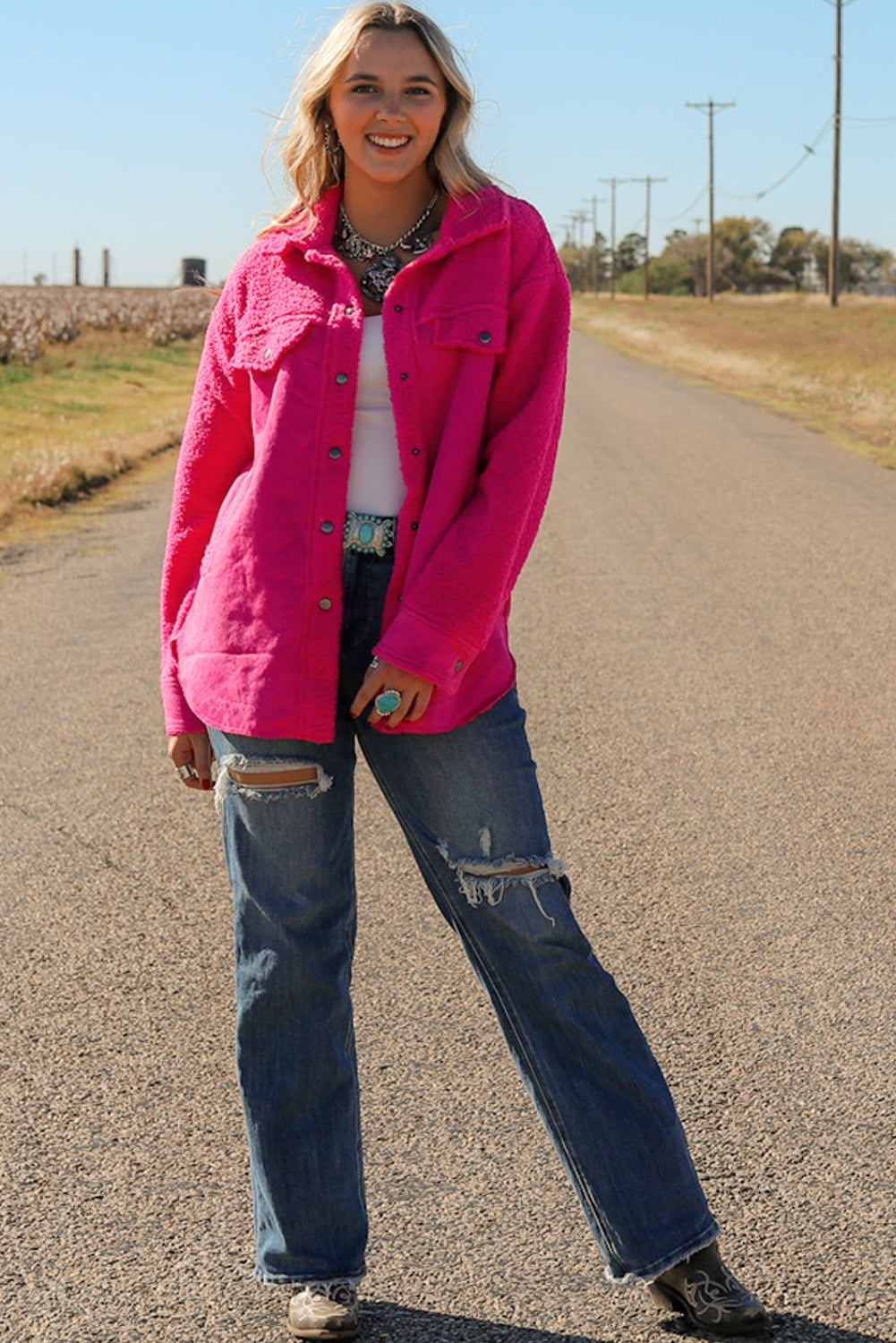 Bright Pink Faux Suede Sherpa Patchwork Button-up Shacket Beagle Boutique Fashion Outlet